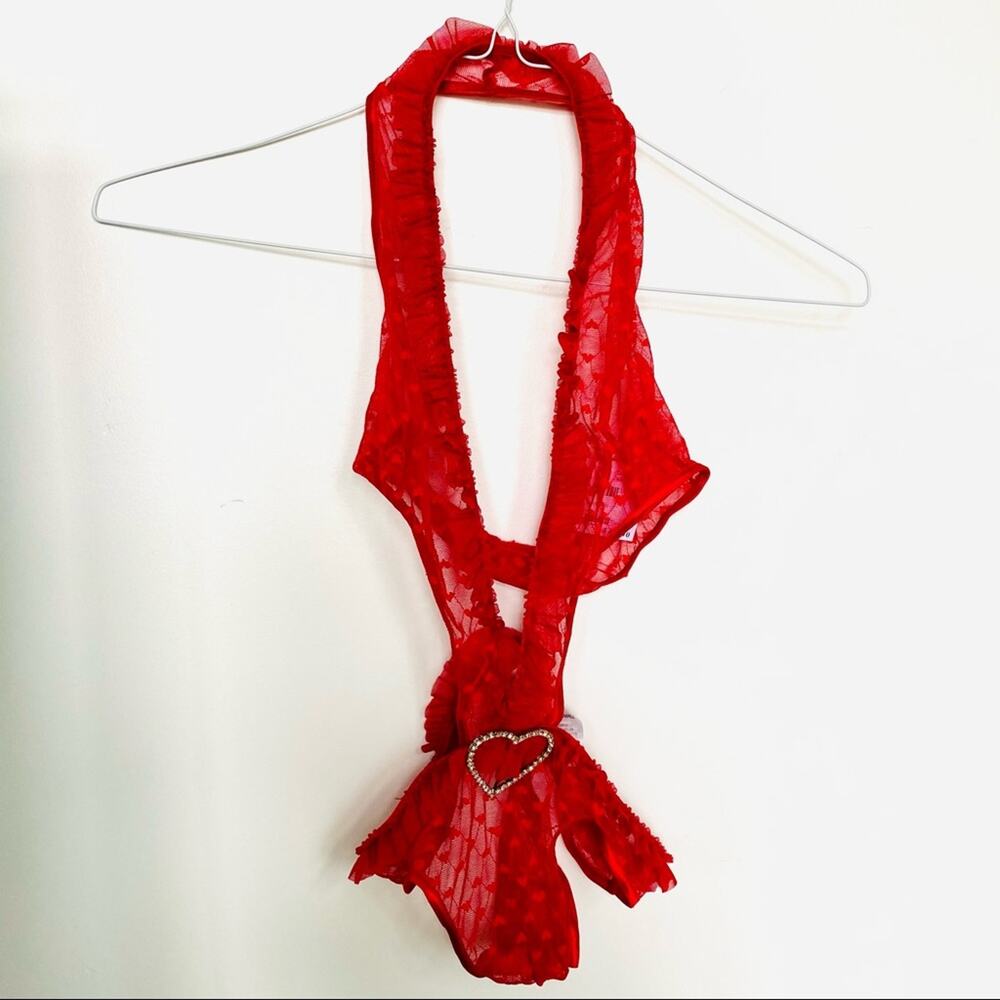 NEW FREDERICKS Sheer Red Lace Heart Halter Tank Thong Panty Teddy Lingerie S - Picture 6 of 8